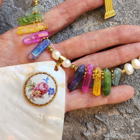 Designer Pearls Necklace Natural Himalayan Ctystal Pendant Vintage  Medallion - Picture 9 of 12